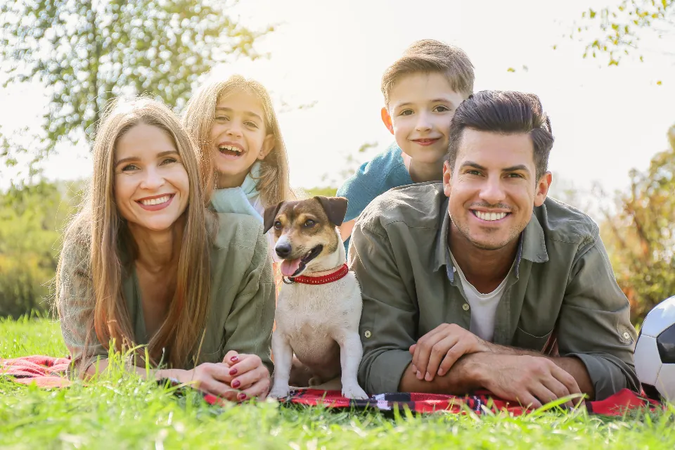Çimenlerde köpekleriyle birlikte uzanmış anne, baba ve iki çocuk