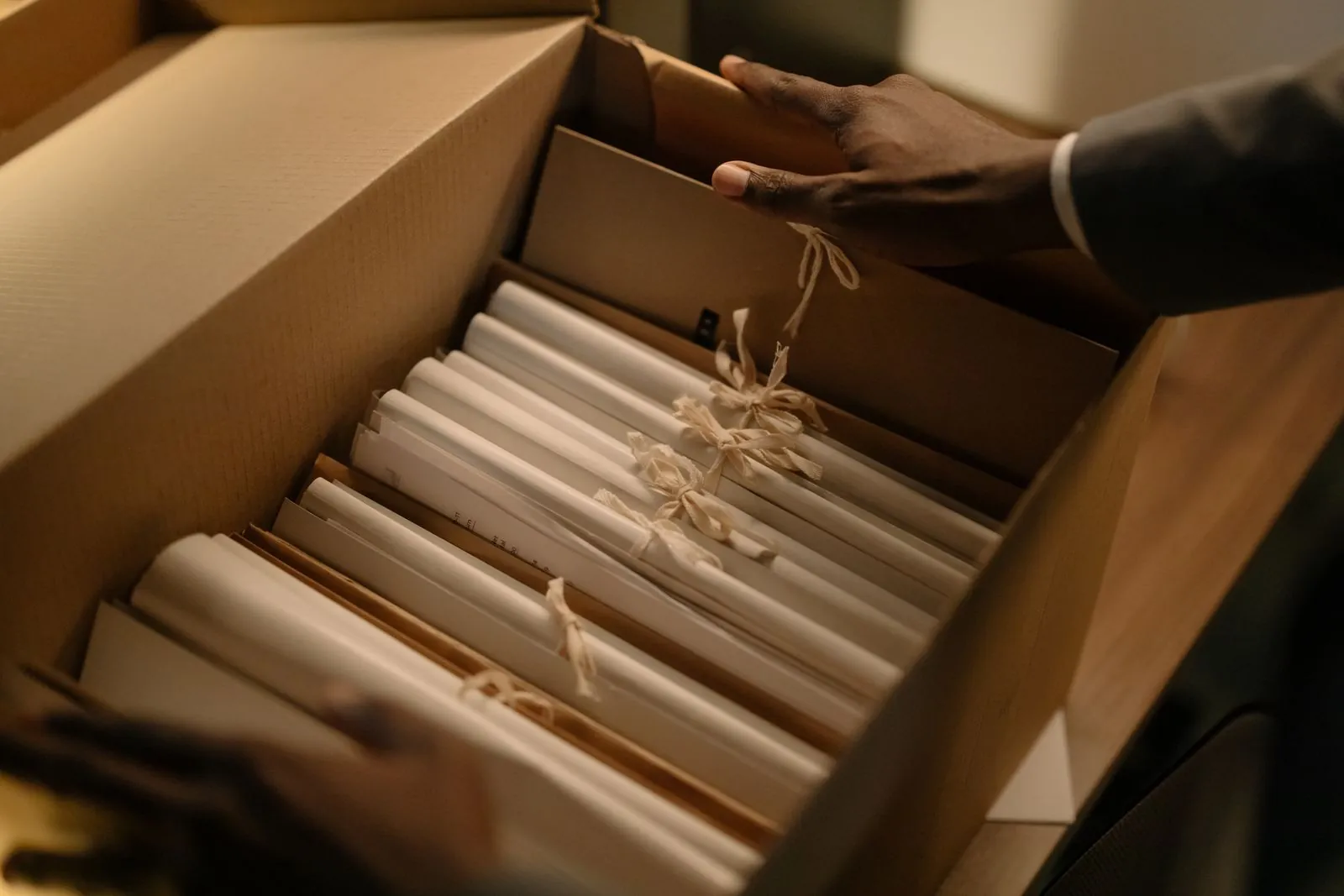 Arşiv kutusunda bağlanmış dosyalar ve evrak tomarları