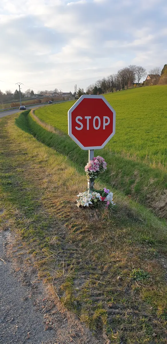 Yol kenarında dur levhasına bırakılmış çiçekler: trafik kazasında yakınını kaybeden aile