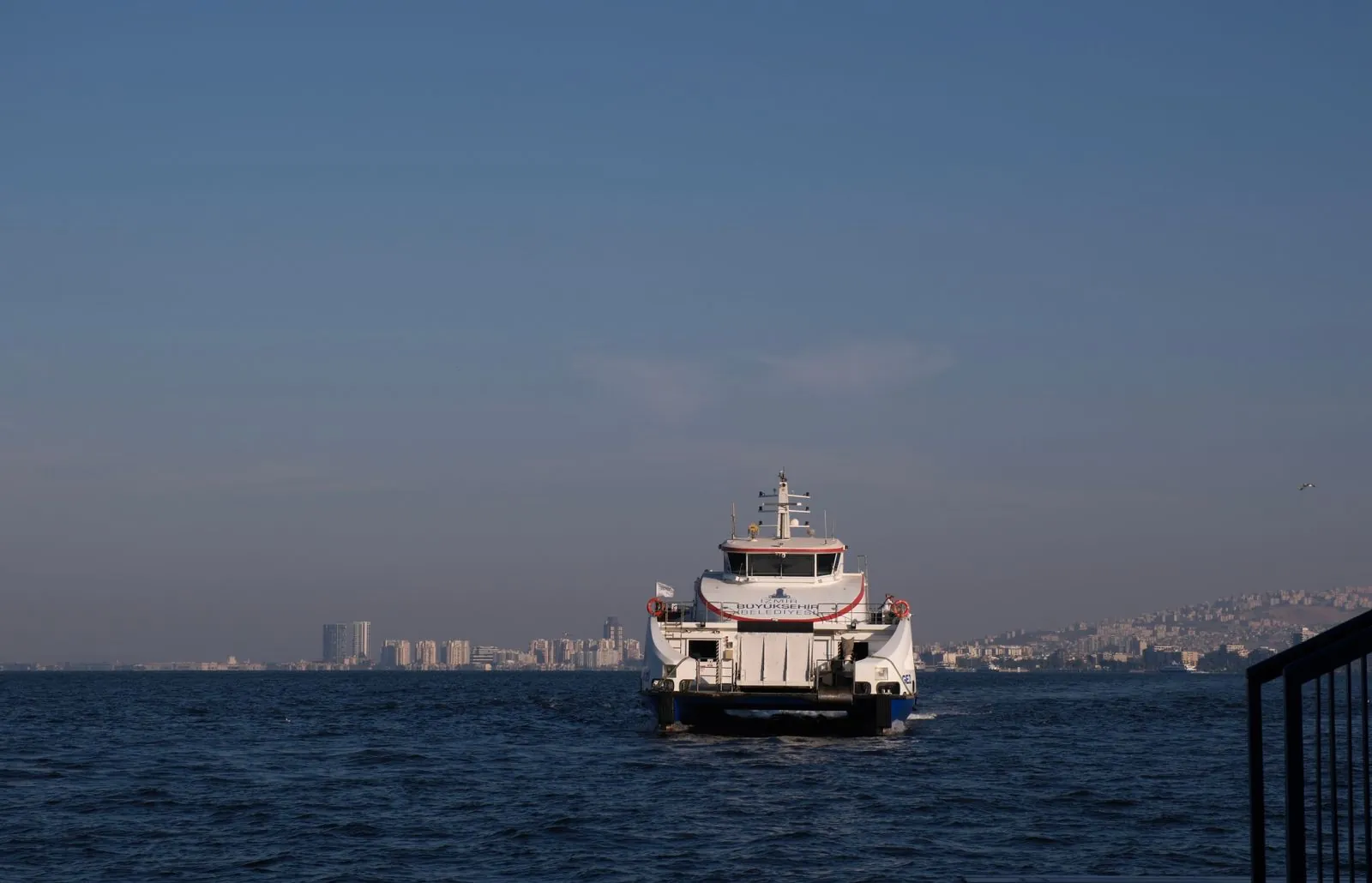 İzmir Körfezi'nde şehir silüeti önünde ilerleyen yolcu gemisi