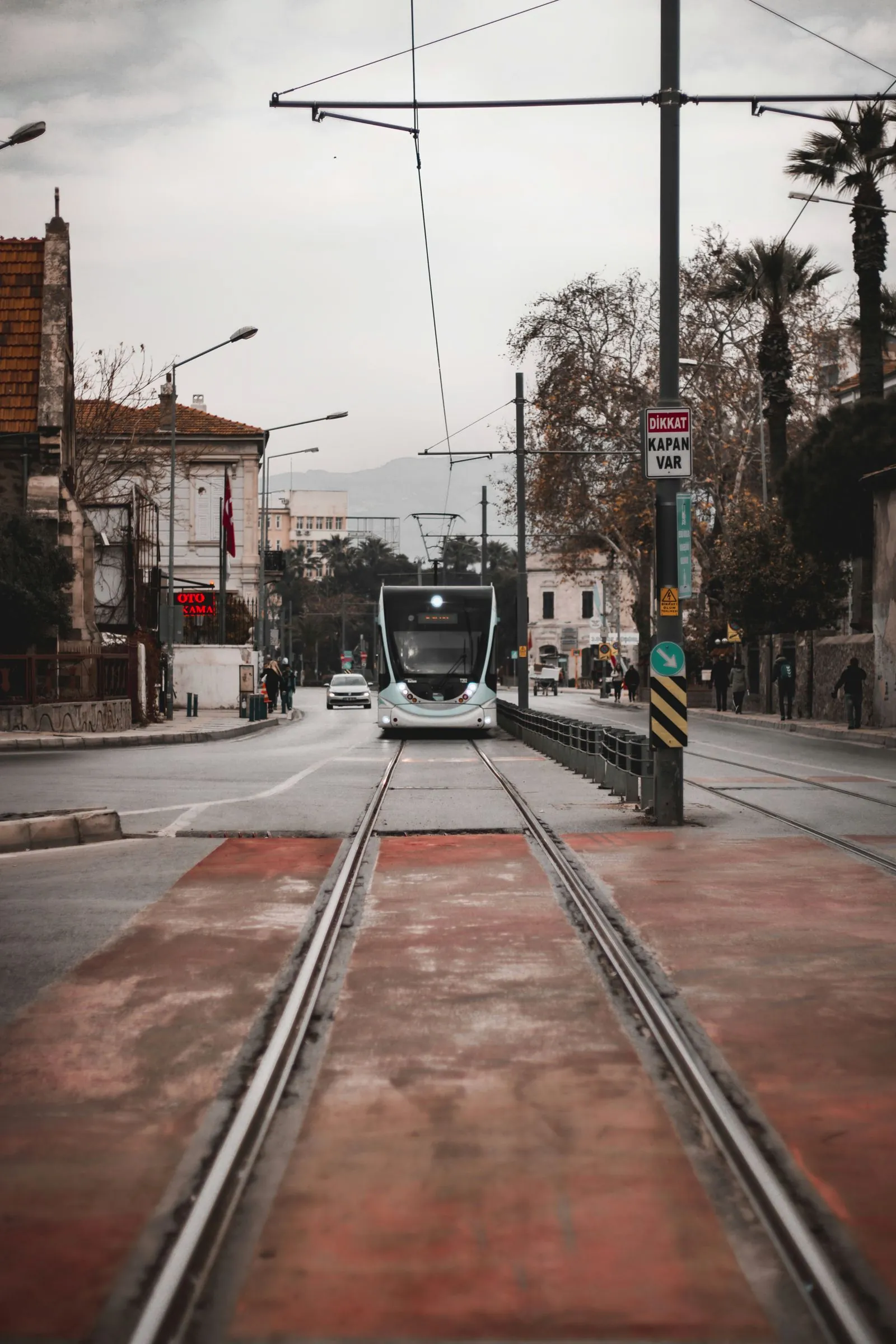 İzmir'de palmiyeli bir caddede ilerleyen tramvay hattı