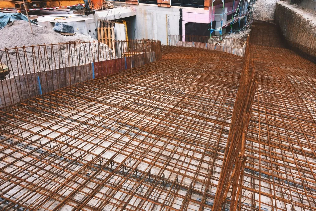 Temel betonu dökülmeden önce yerleştirilmiş donatı ağı ve inşaat demirleri